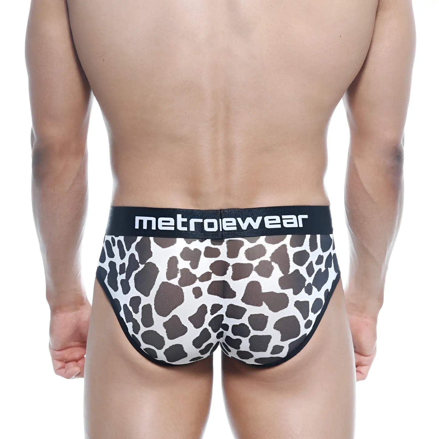 MetroMaleWear 365 hip brief Dalmatian black and white cow print briefs with black elastic waistband and logo
