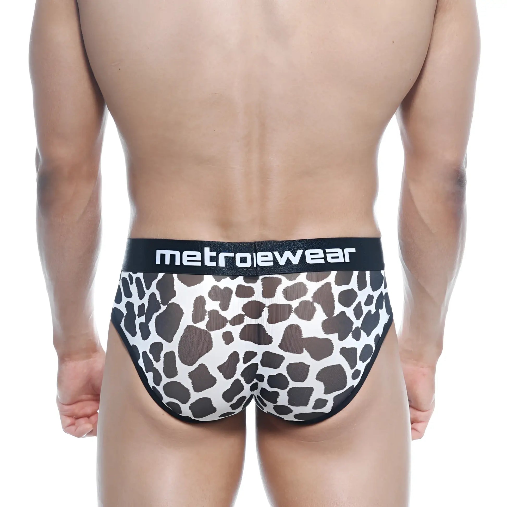 MetroMaleWear 365 hip brief Dalmatian black and white cow print briefs with black elastic waistband and logo