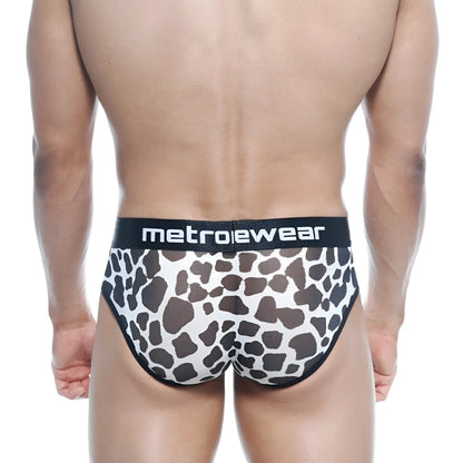 MetroMaleWear 365 hip brief Dalmatian black and white cow print briefs with black elastic waistband and logo