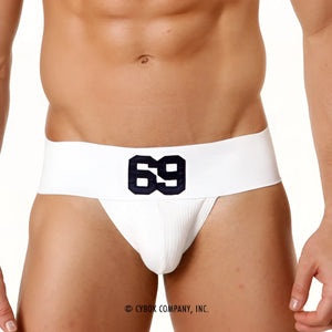 White metro male wear 69 rib cotton classic jock strap with bold black 69 logo on waistband in white