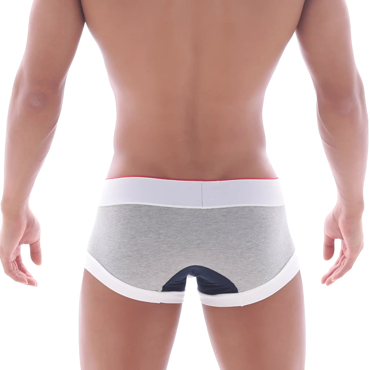 Gray heathered MetroMaleWear 69ers boxer briefs with white trim and navy blue back panel shown from the back side