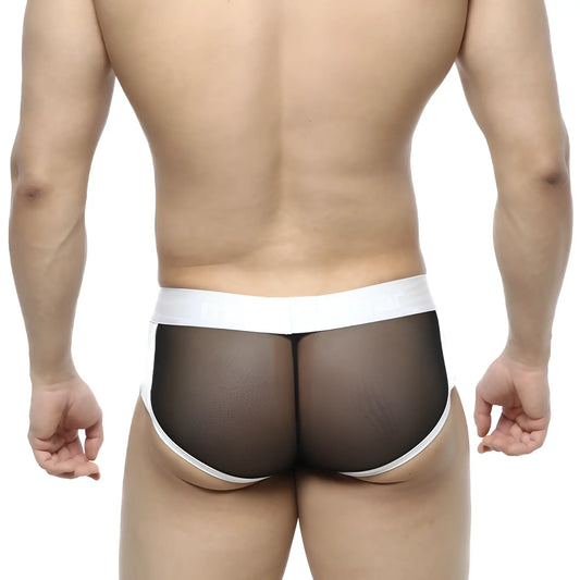 Black mesh briefs with white elastic waistband and leg openings from metromalewear active boxer 3327-72