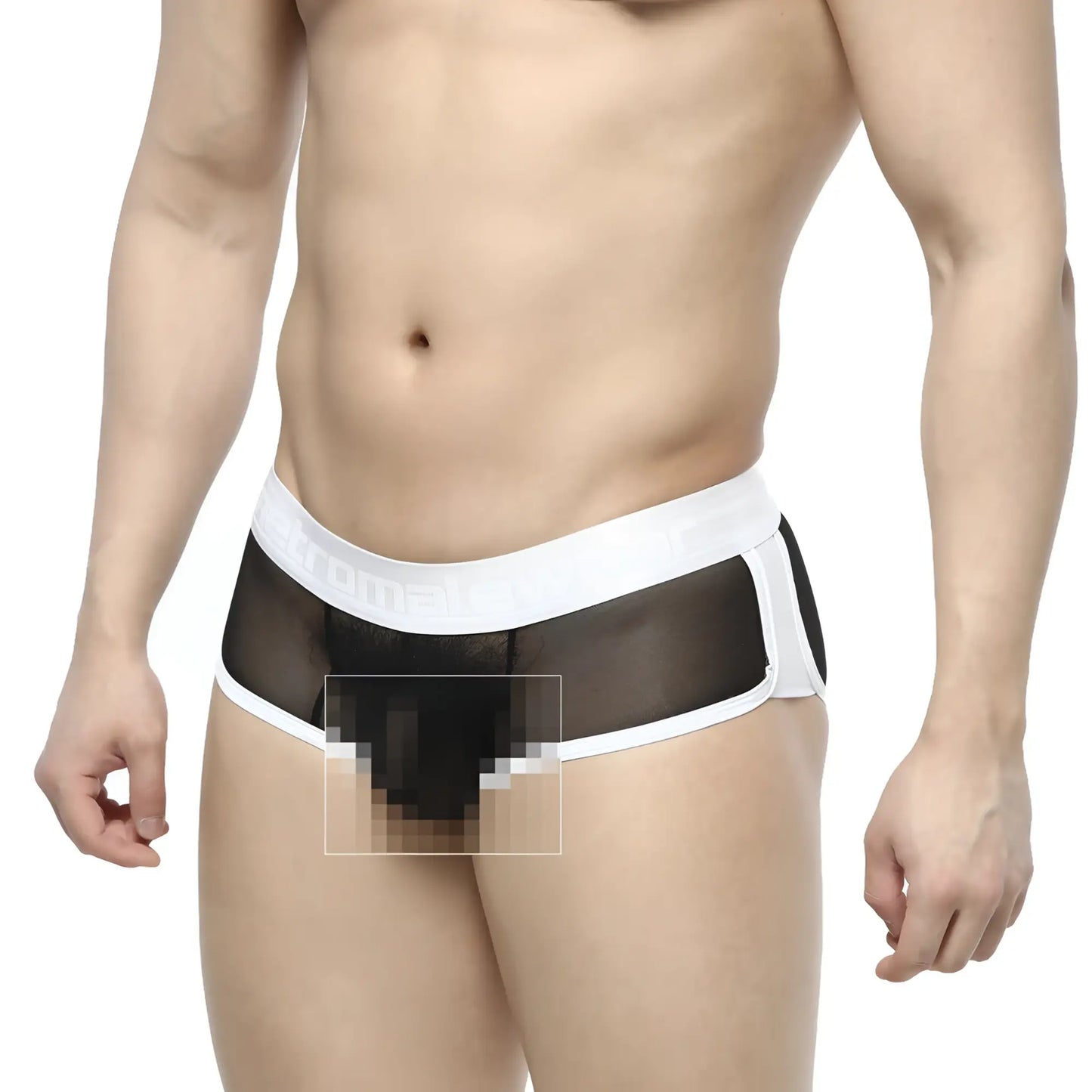 Metro male wear active boxer black mesh briefs with white elastic waistband and trim showing the front side