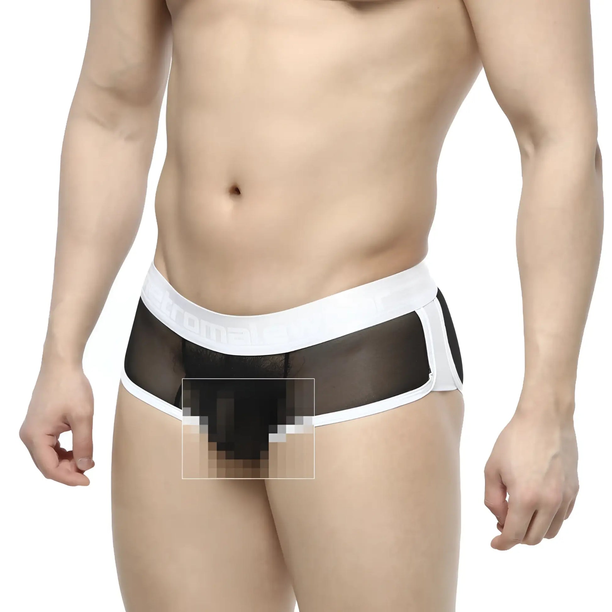 Metro male wear active boxer black mesh briefs with white elastic waistband and trim showing the front side