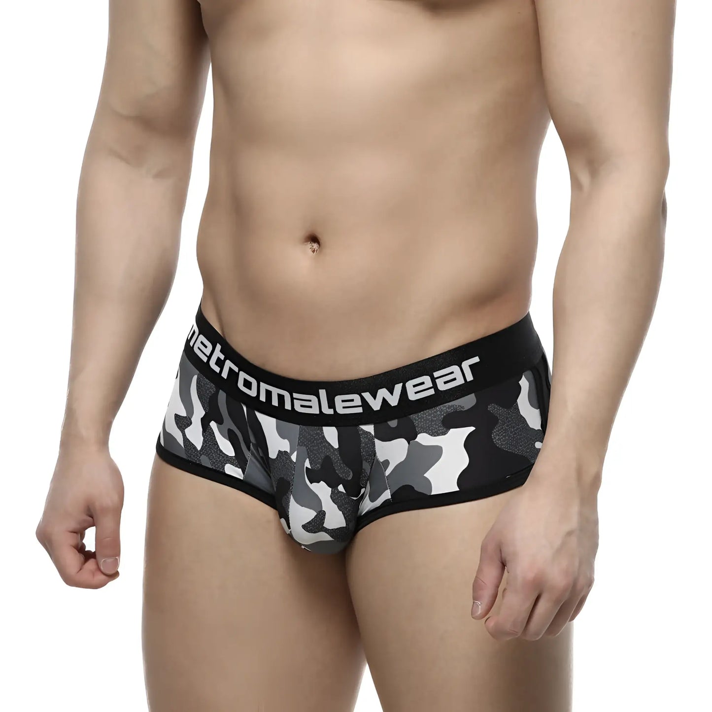 Black and gray camouflage men’s briefs with black elastic waistband branded metromalewear in active boxer style
