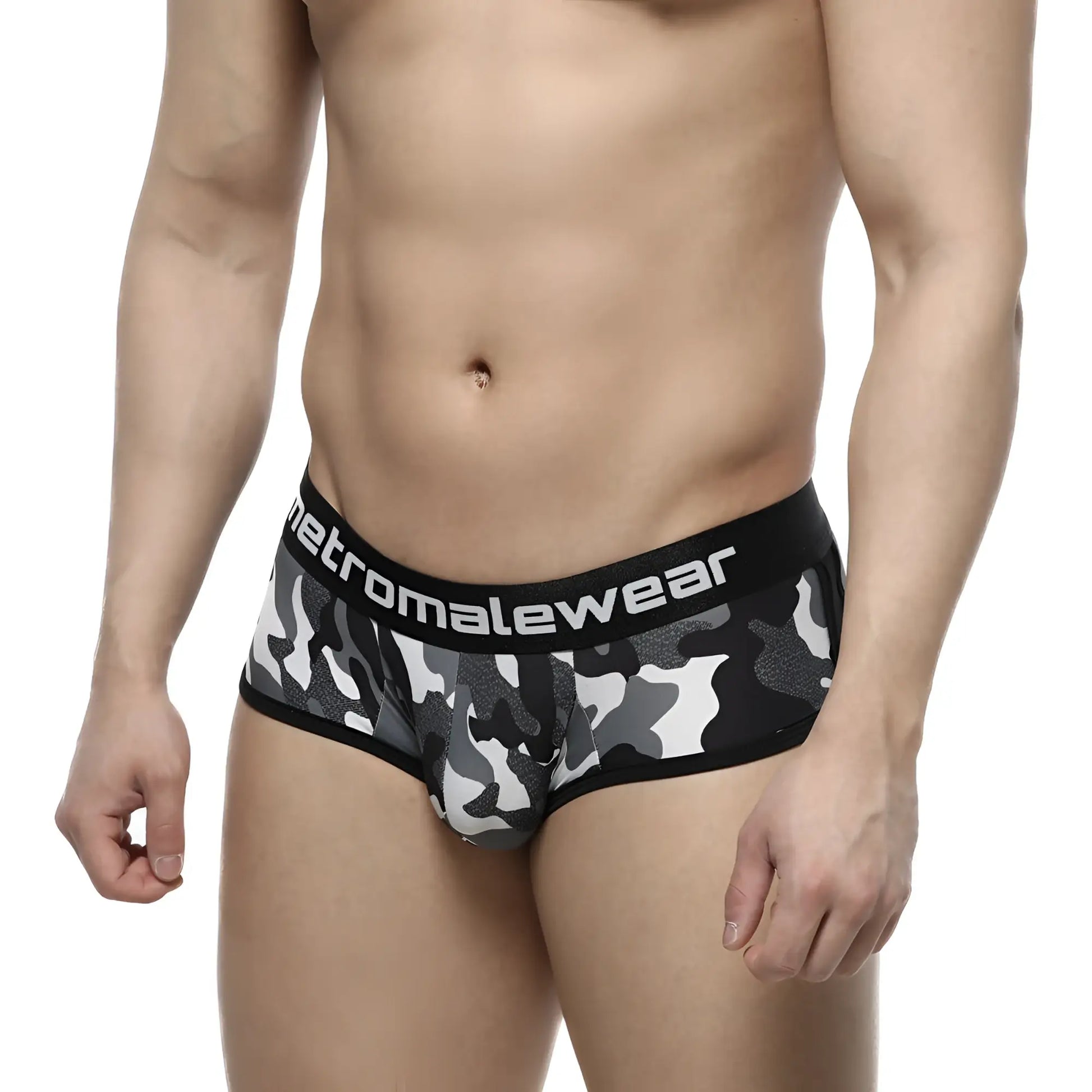 Black and gray camouflage men’s briefs with black elastic waistband branded metromalewear in active boxer style