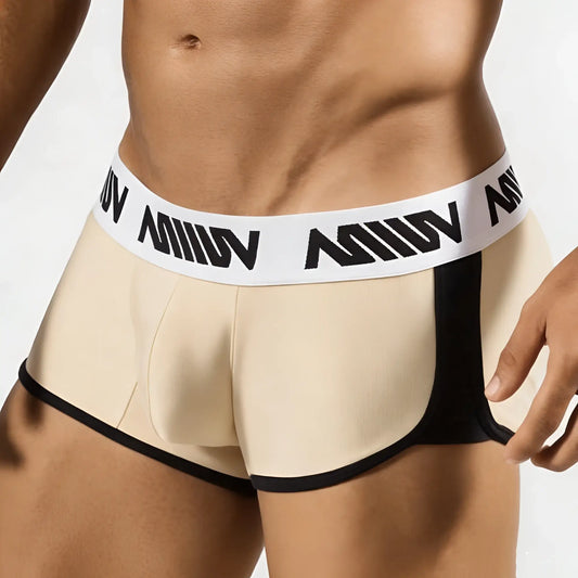 Beige and black athletic briefs with a white waistband featuring bold black miiow branding metroMaleWear active boxer gold 3327-21