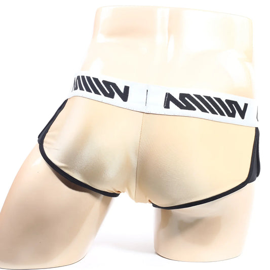 Beige satin briefs with black trim and white waistband featuring bold black lettering metroMalewear active boxer gold 3327-21