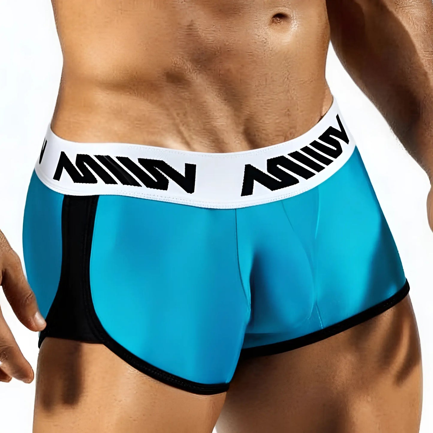 MetroMaleWear active boxer briefs in turquoise and black with white waistband featuring bold black lettering
