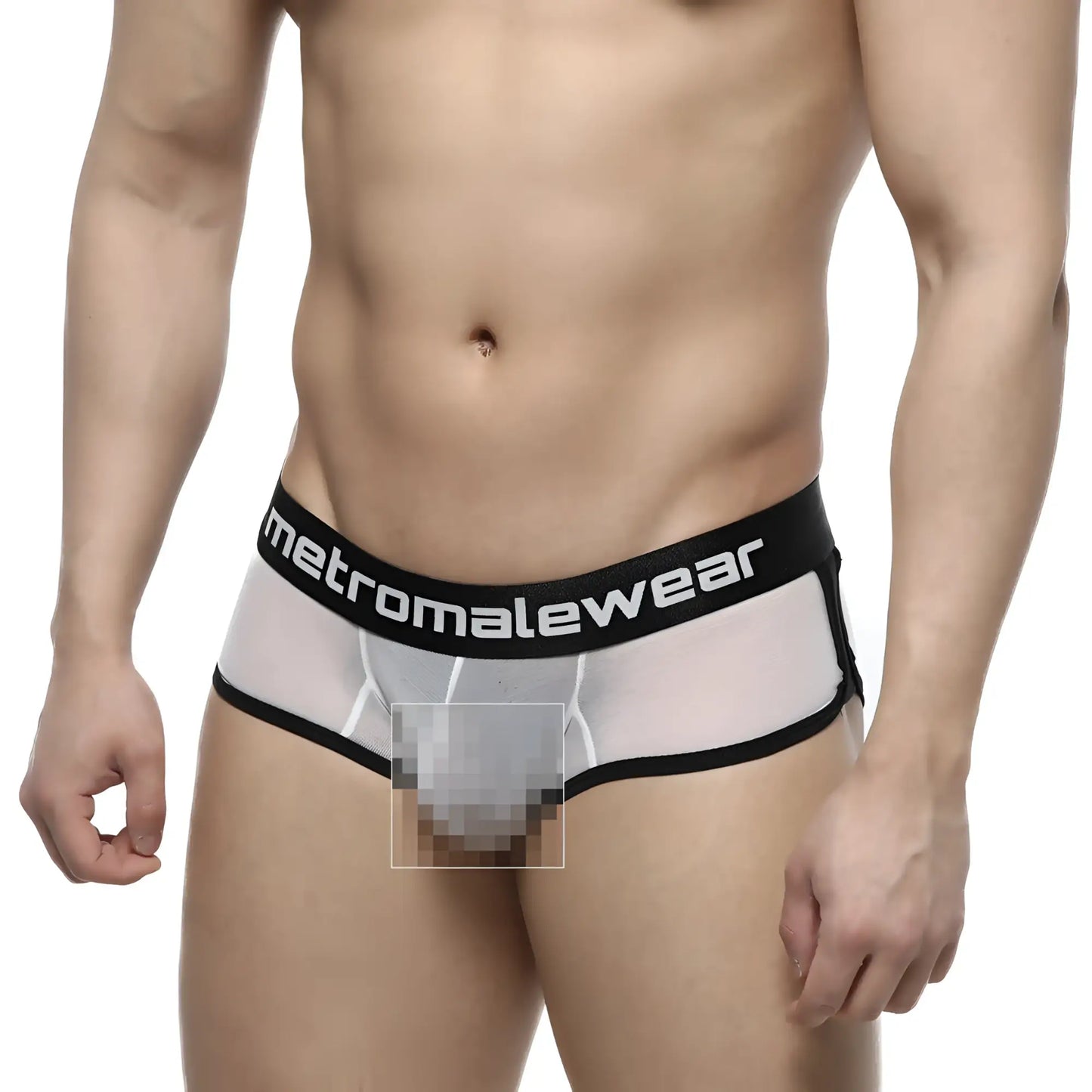 Black and white transparent mesh briefs with metromalewear branding on the waistband, metro malewear active boxer 3327-71