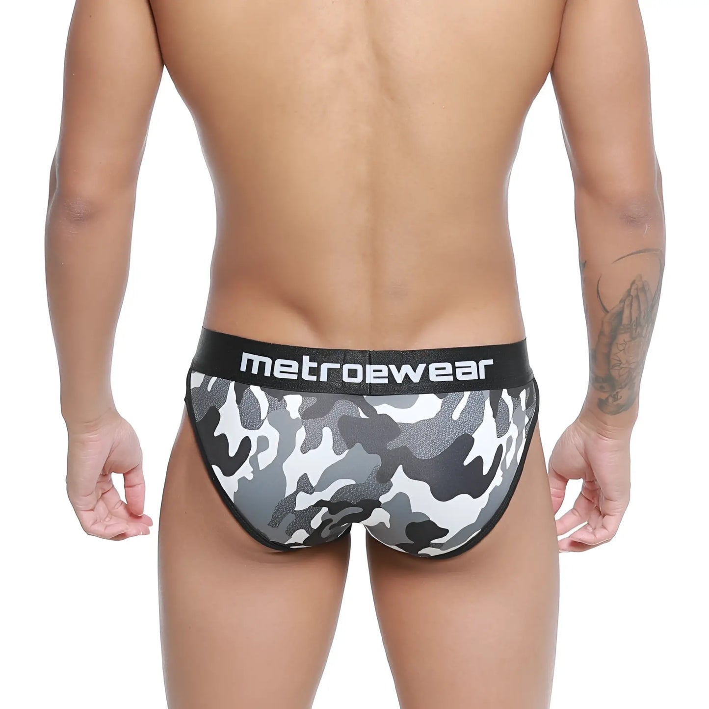 Black and gray camouflage patterned mens briefs with black waistband featuring metroewear brand name activewear design