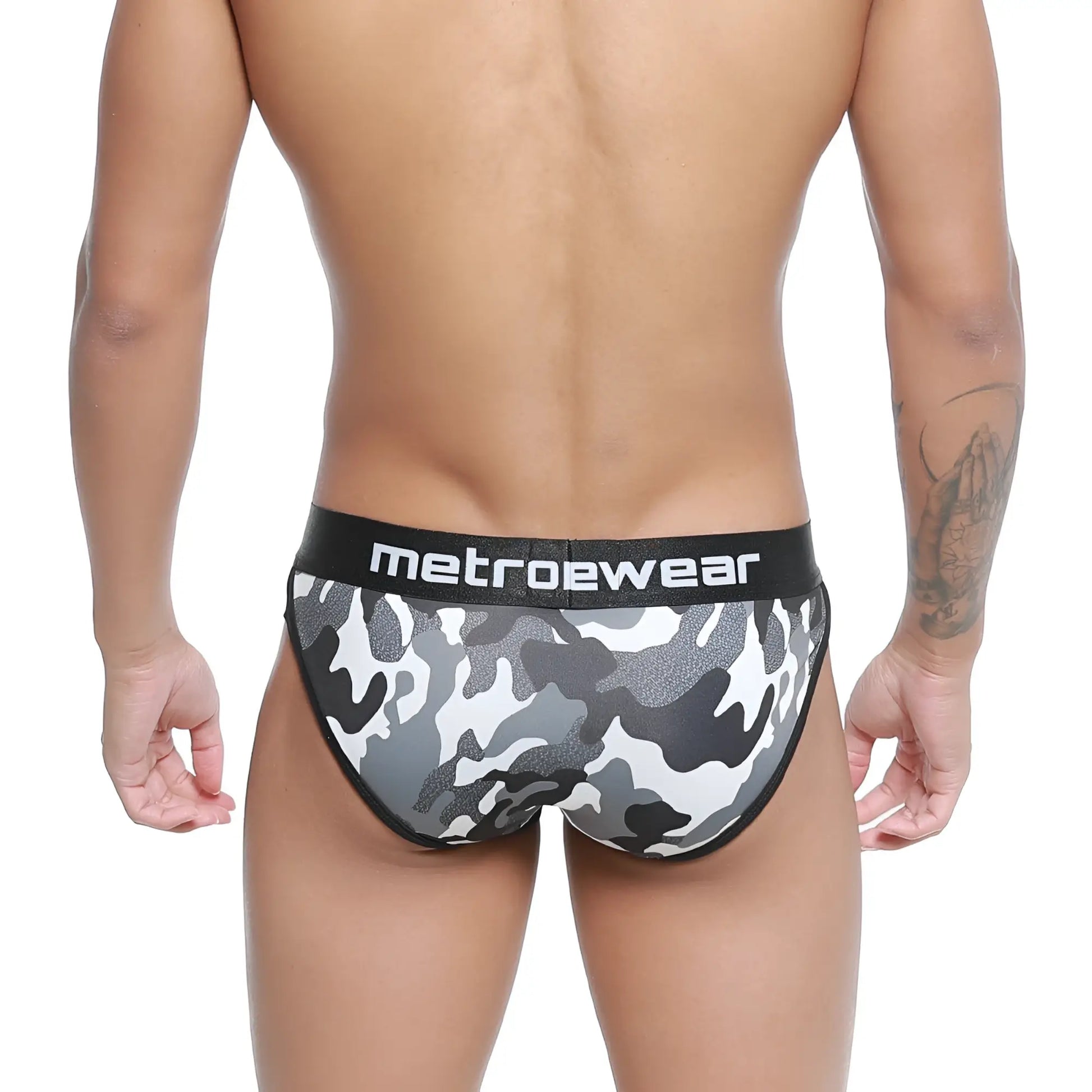 Black and gray camouflage patterned mens briefs with black waistband featuring metroewear brand name activewear design