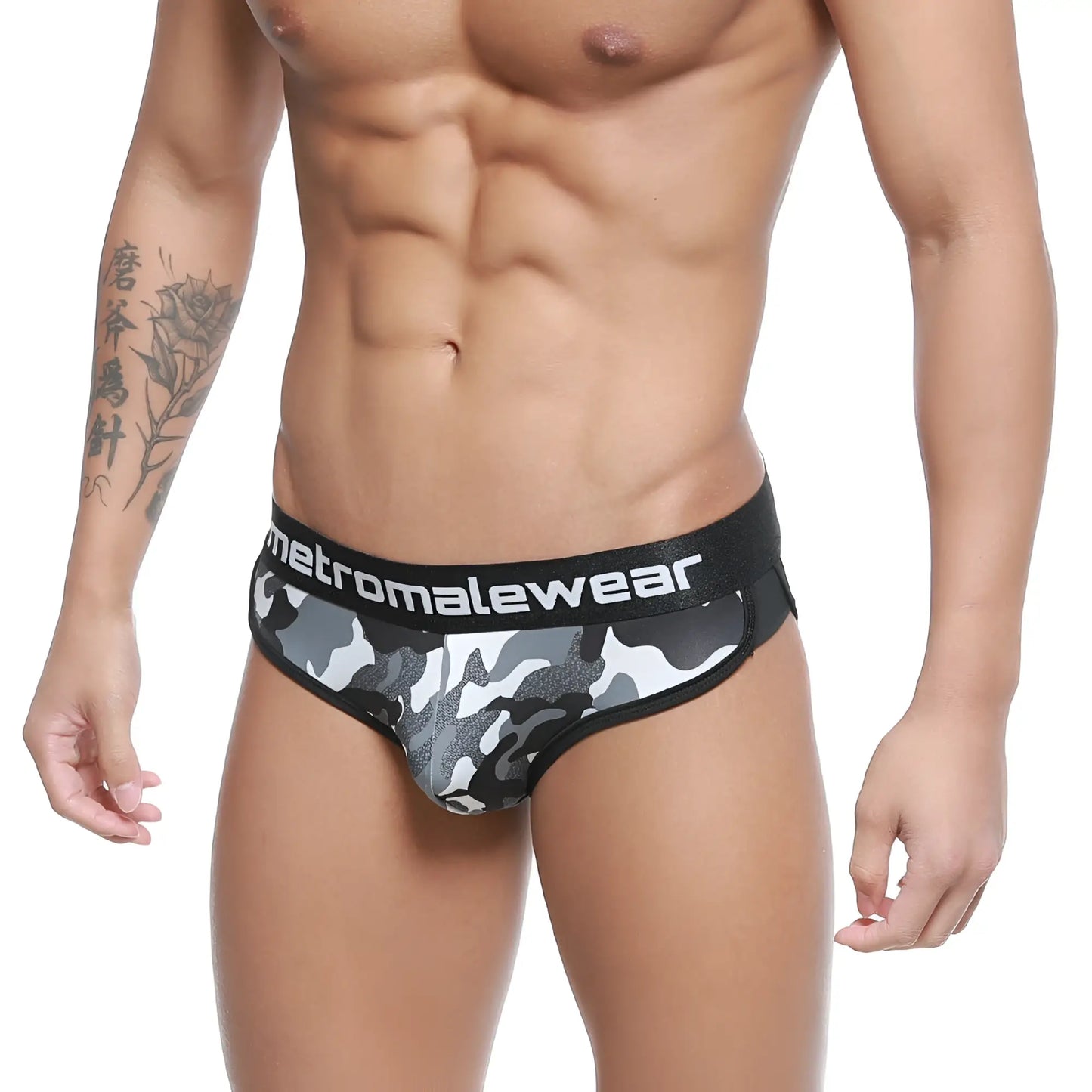 Metro male wear active brief camo 3303-60 black and gray camouflage patterned men’s briefs with black elastic waistband