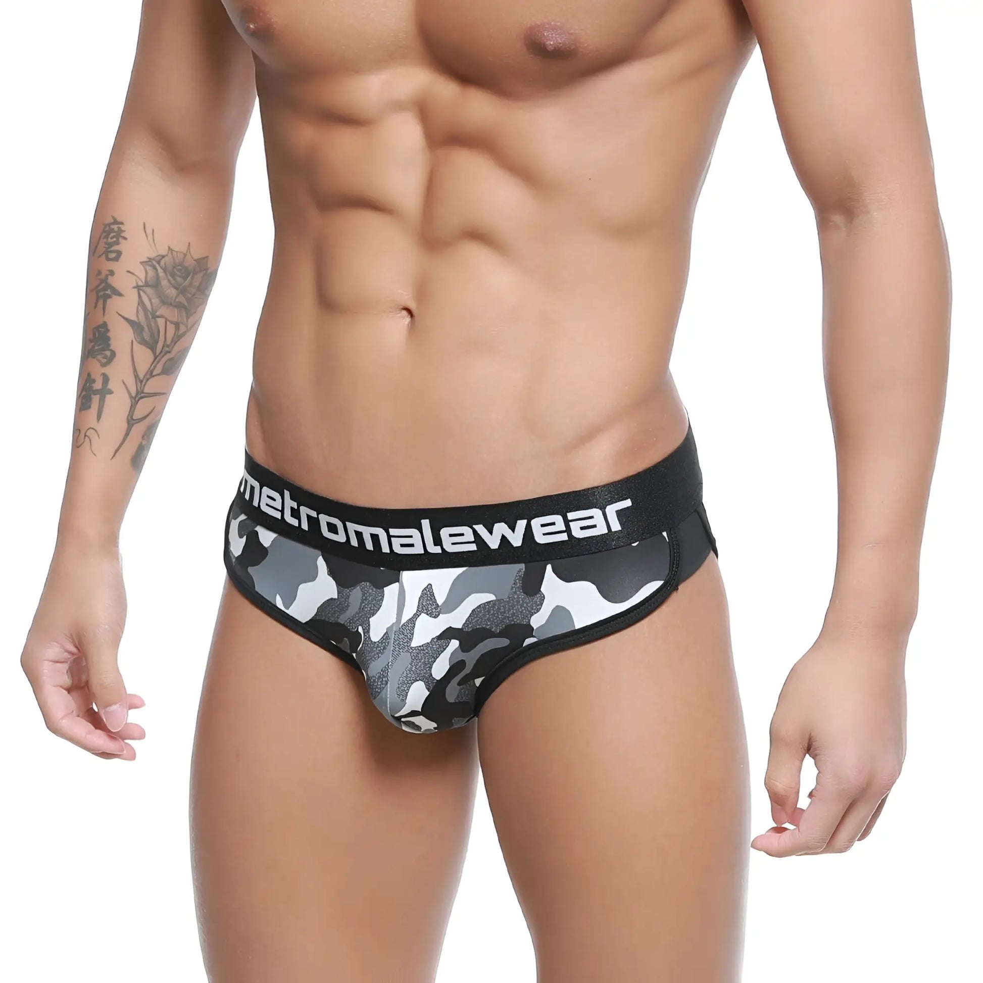 Metro male wear active brief camo 3303-60 black and gray camouflage patterned men’s briefs with black elastic waistband