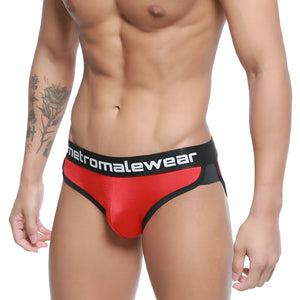 Red and black metromalewear active briefs with shiny form-fitting design for comfortable active wear