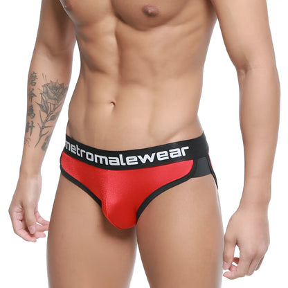 Red and black metromalewear active briefs with shiny form-fitting design for comfortable active wear
