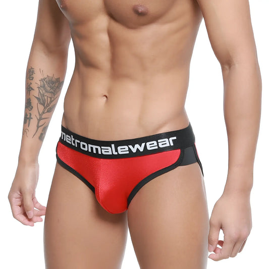 Red and black metromalewear active briefs with shiny form-fitting design for comfortable active wear