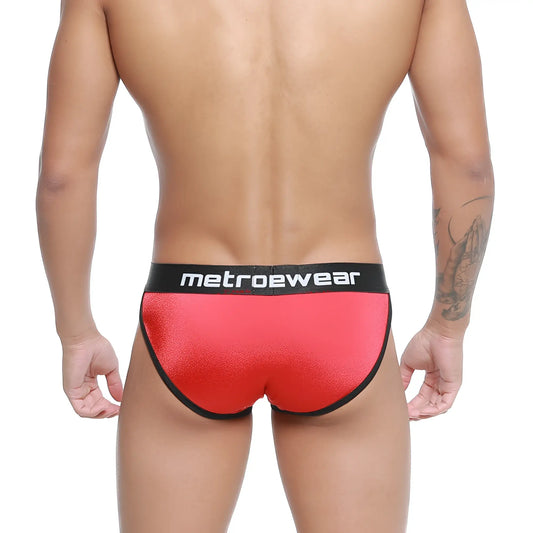 Red metallic metro male wear active briefs with black trim and metrowear logo waistband in style 3303-12