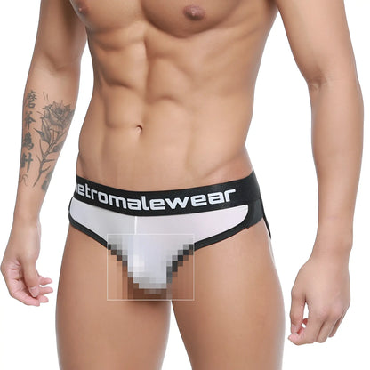 Black and white mens active briefs with etromalewear branded waistband white mesh fabric model 3303-71