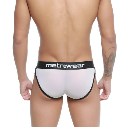 MetroMaleWear active brief white mesh with black trim and branded black waistband for comfortable support