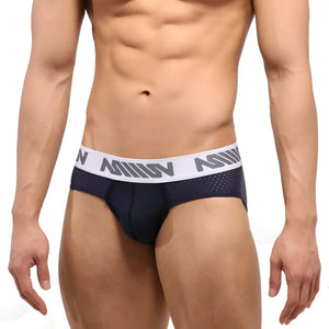Navy blue mesh briefs with white elastic waistband and gray miiow branding metro male wear active mesh hip brief