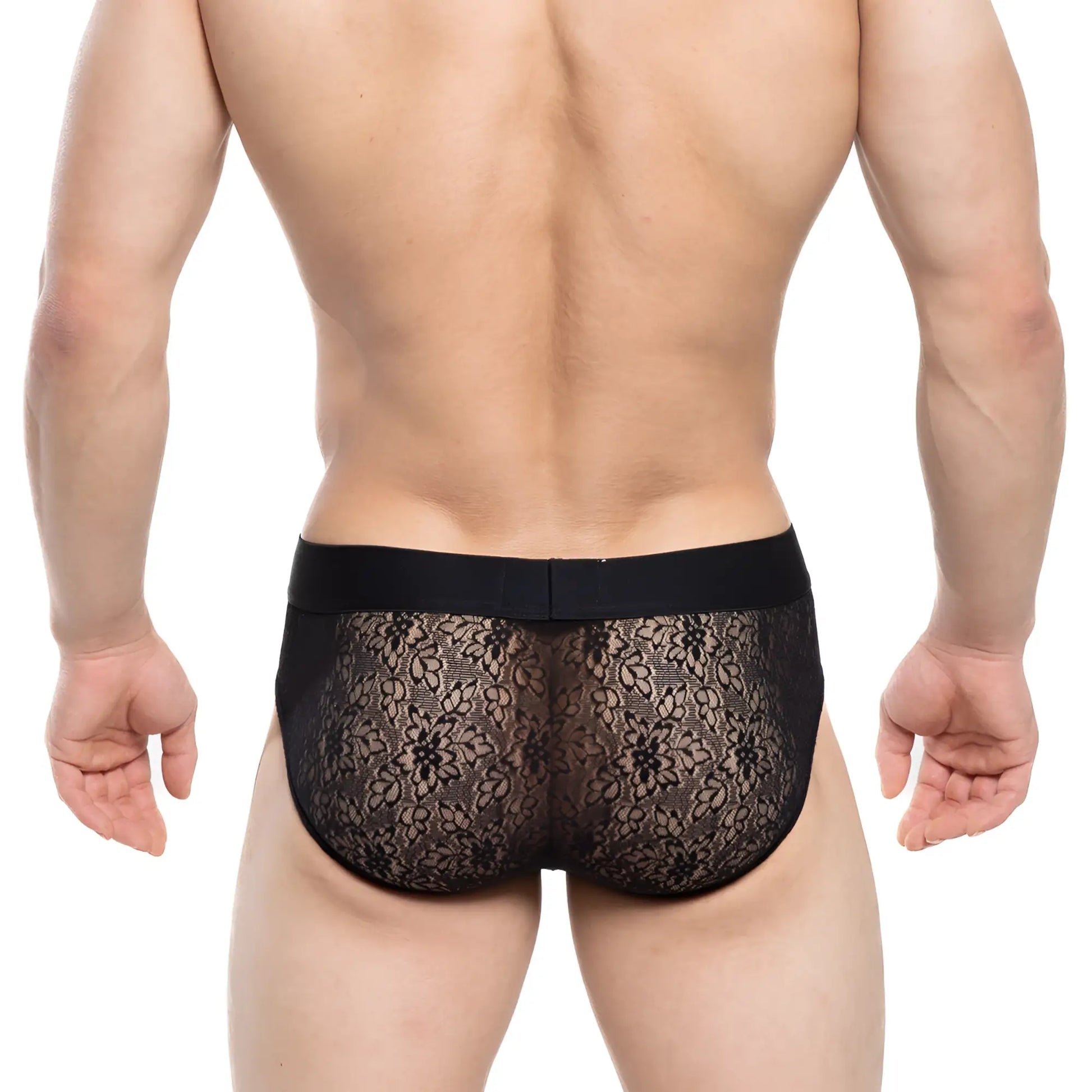 MetroMaleWear Agnes brief black 5003-34 black lace floral briefs with solid elastic waistband front view