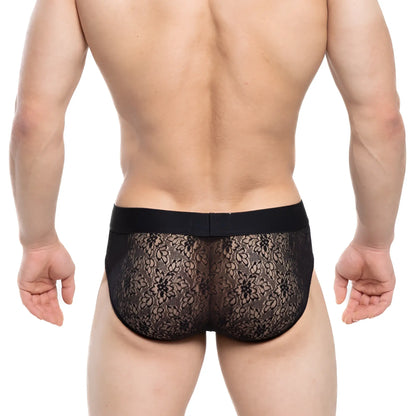 MetroMaleWear Agnes brief black 5003-34 black lace floral briefs with solid elastic waistband front view
