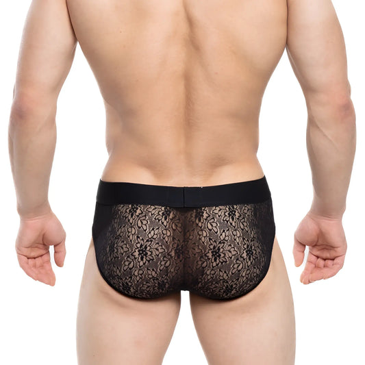 MetroMaleWear Agnes brief black 5003-34 black lace floral briefs with solid elastic waistband front view