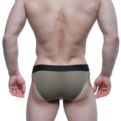 Olive green ribbed men’s briefs with black elastic waistband metroMalewear air brief khaki 3803-26 front view