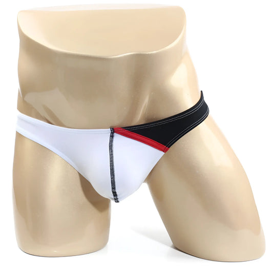 MetroMaleWear Alegria thong white 1322-50 athletic briefs with black and white fabric, red accent stripe, and side zipper detail
