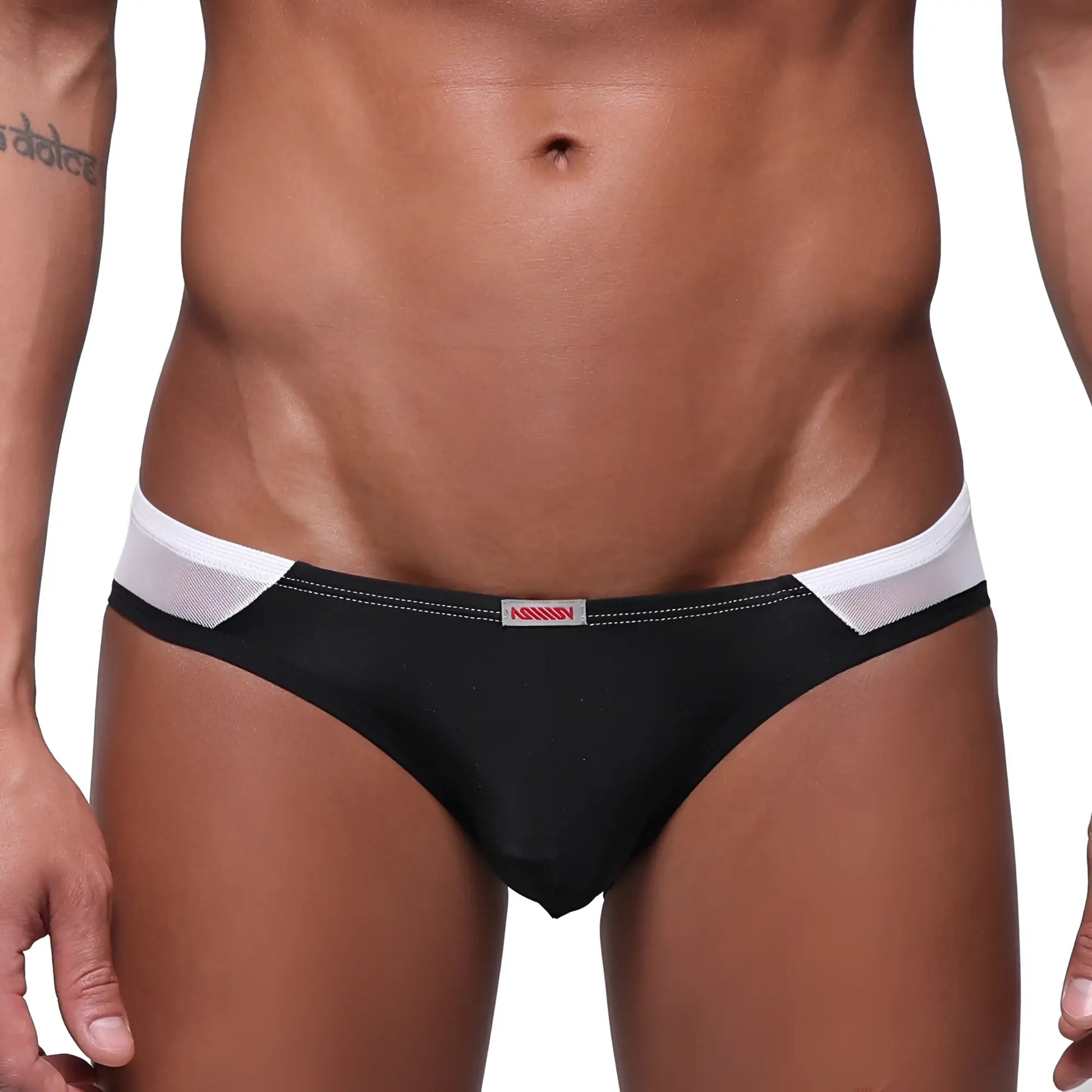 Black and white mesh-trimmed metro male wear alexa bikini briefs with red nandi logo on waistband