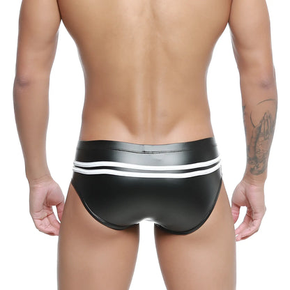 Black shiny faux leather swim trunks with two white stripes on waistband metroMalewear Alexander Competition Suit 4966-30