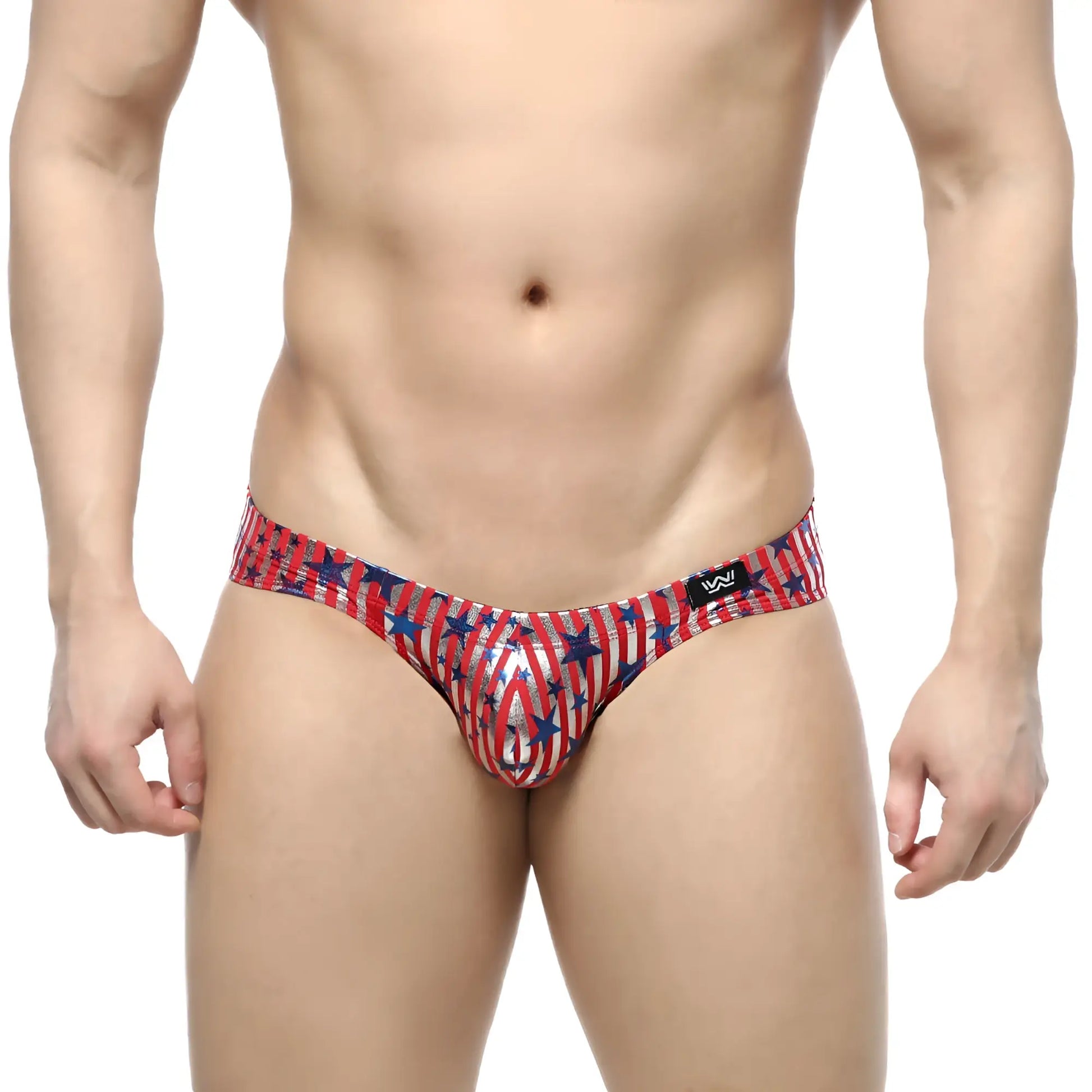 Metro malewear allstar bikini red 5103 54 men’s briefs in red white and blue star and stripe pattern with metallic finish