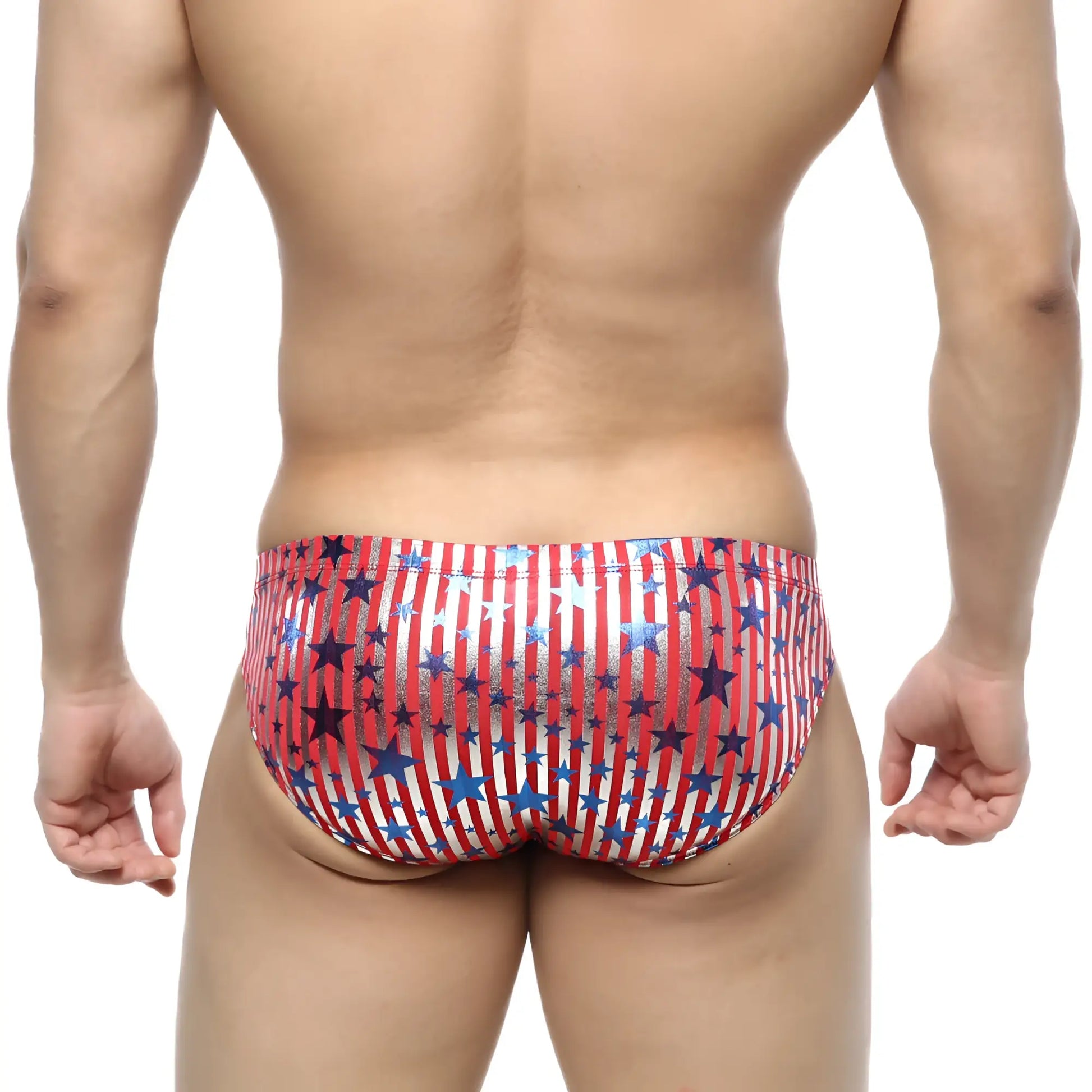 MetroMaleWear Allstar bikini red 5103-54 swim trunks with red white and blue stripes and star pattern for men