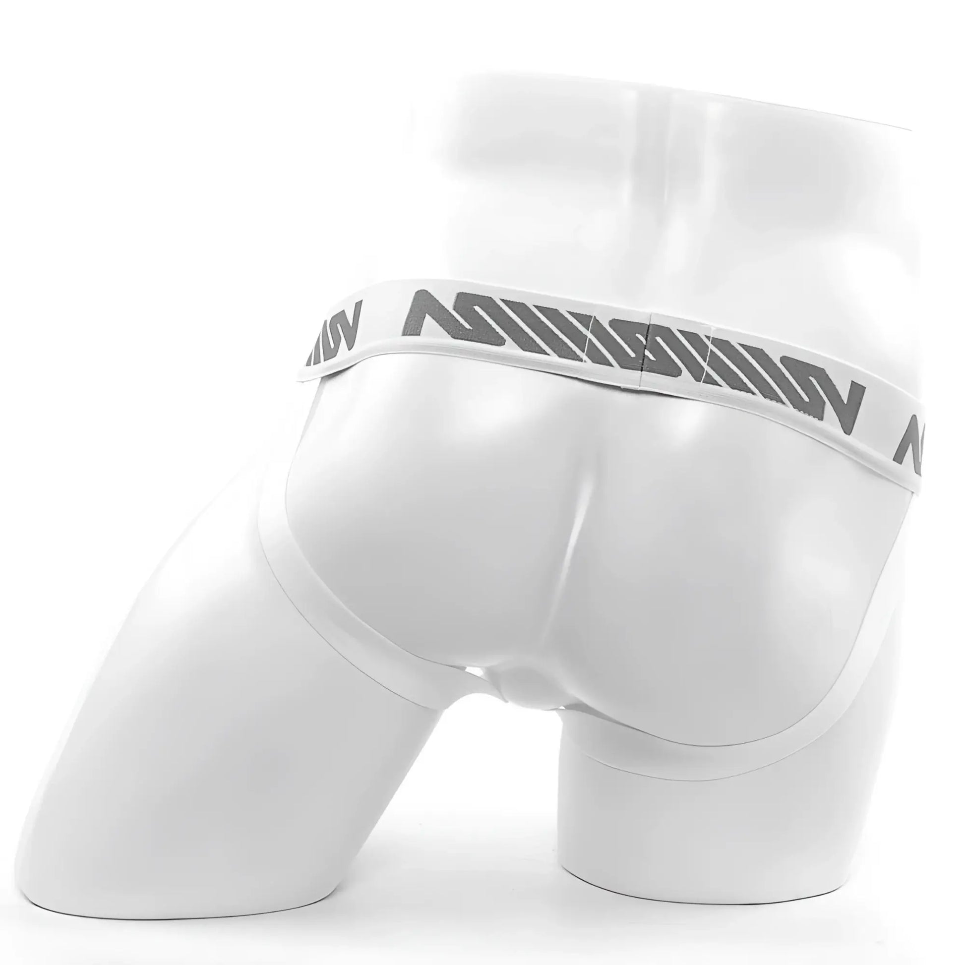White men’s briefs with gray ninjam logo band from metromalewear alma jock strap 1101-00 product line