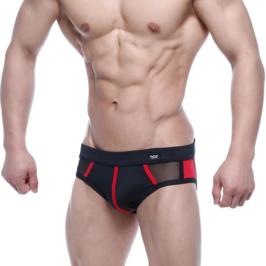 MetroMaleWear Alonzo swim brief red 4997-12 black and red mesh trimmed sleek athletic swim briefs front view