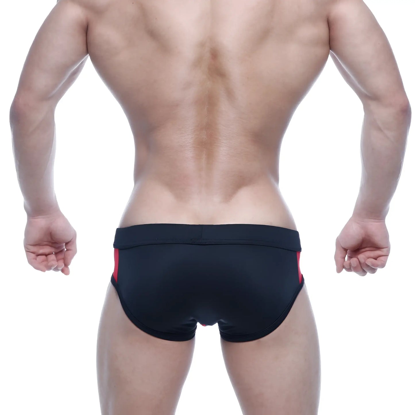 MetroMalewear Alonzo swim brief in black with red side panels designed for comfortable swimwear use