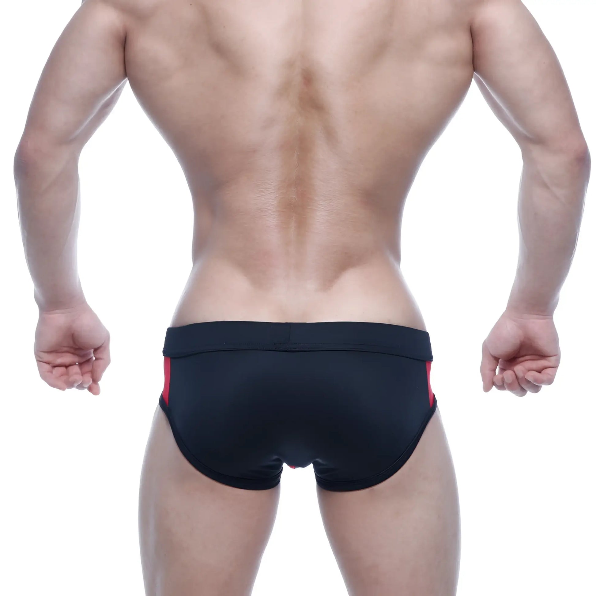 MetroMalewear Alonzo swim brief in black with red side panels designed for comfortable swimwear use