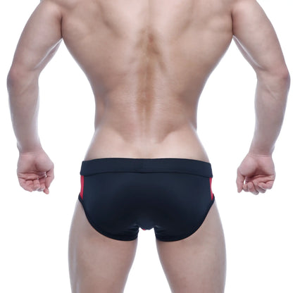 MetroMalewear Alonzo swim brief in black with red side panels designed for comfortable swimwear use