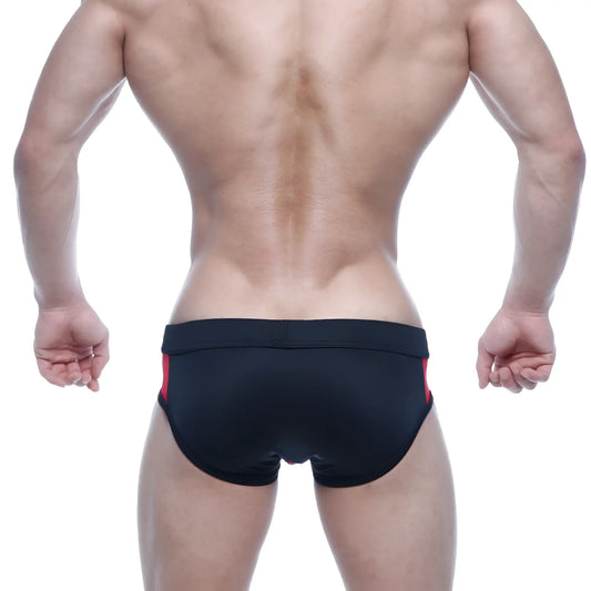 MetroMalewear Alonzo swim brief in black with red side panels designed for comfortable swimwear use