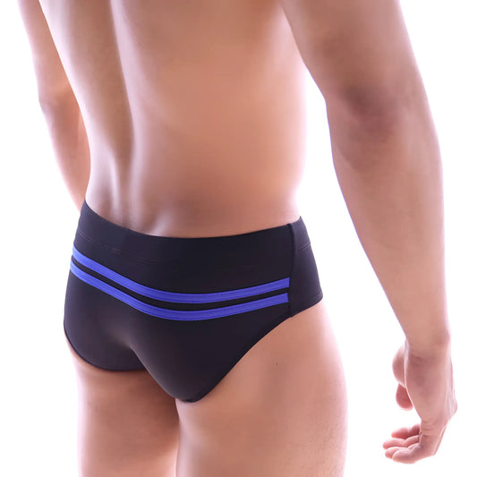 MetroMaleWear Alora swim brief black with two bold blue stripes on the waistband for stylish swimming use
