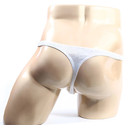 Light gray mesh metro malewear alucinacion thong 2302-m89 with thin seamless design visible from front view