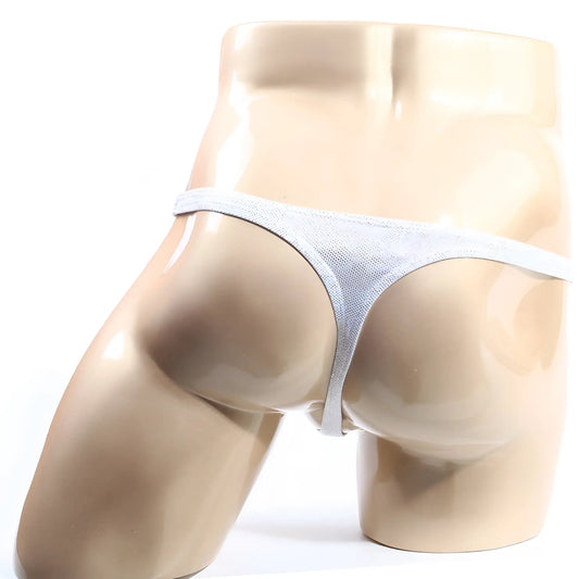 Light gray mesh metro malewear alucinacion thong 2302-m89 with thin seamless design visible from front view