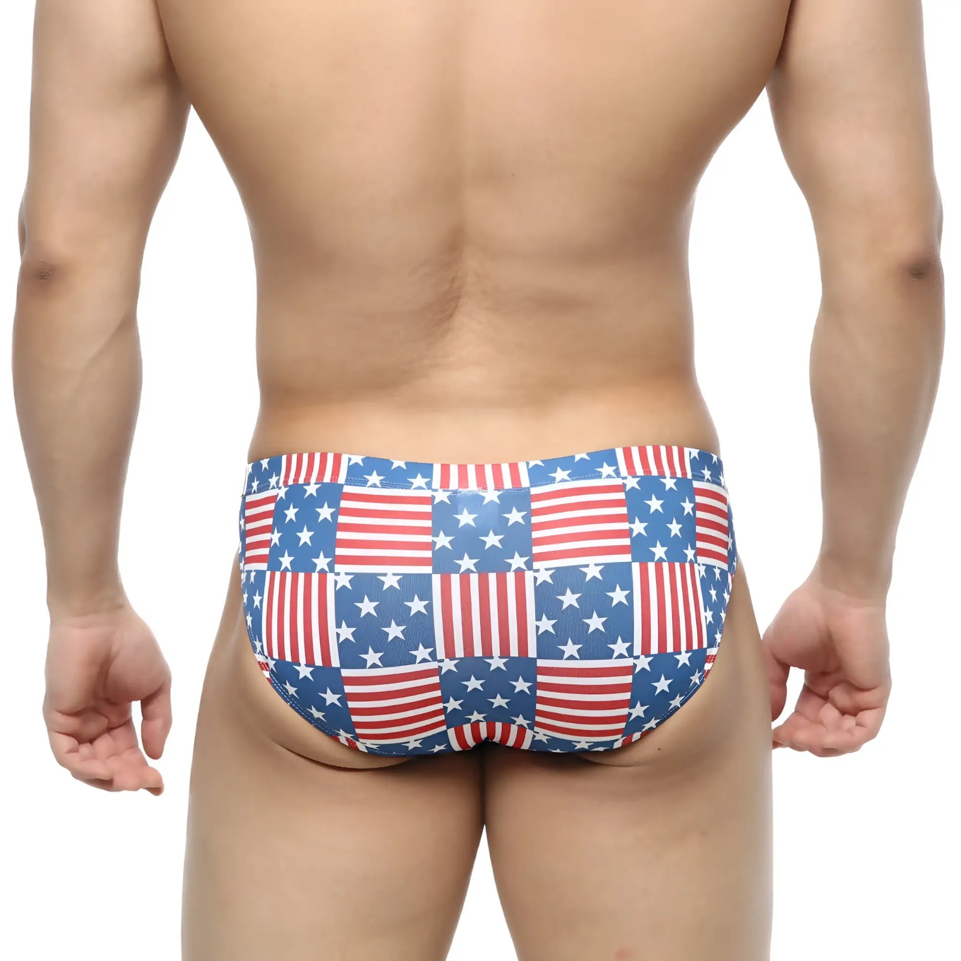 MetroMaleWear America Bikini 5103-97 patchwork swim trunks with red white and blue american flag design