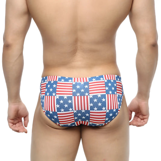 MetroMaleWear America Bikini 5103-97 patchwork swim trunks with red white and blue american flag design