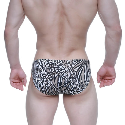 MetroMalewear amur bikini 5103-M62 black and white zebra-striped swim trunks with bold animal print pattern