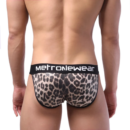 Metro male wear animal bikini brown leopard print mesh briefs with black logo waistband metro male wear 3004-60
