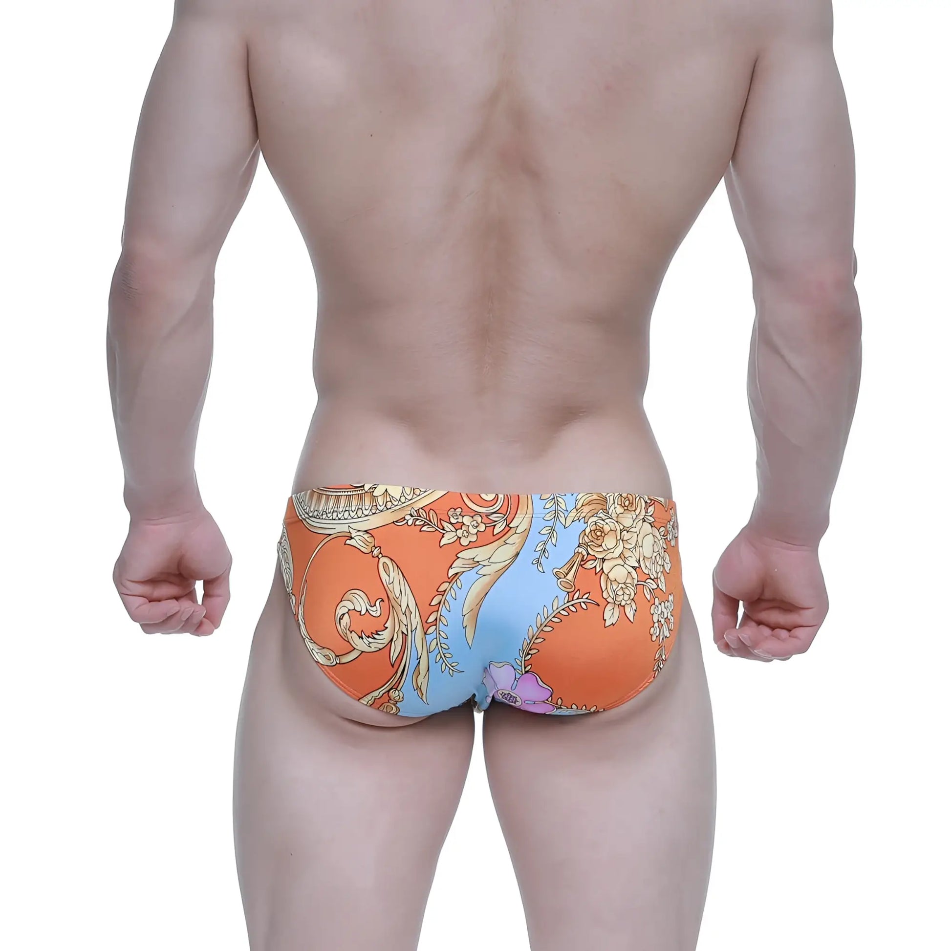 MetroMalewear antique bikini 5103-M68 swim trunks with orange and blue ornate floral pattern for casual wear