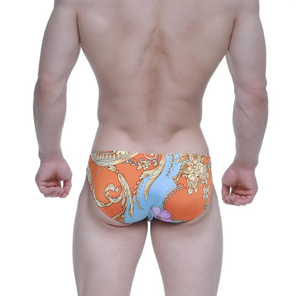 MetroMalewear antique bikini 5103-M68 swim trunks with orange and blue ornate floral pattern for casual wear