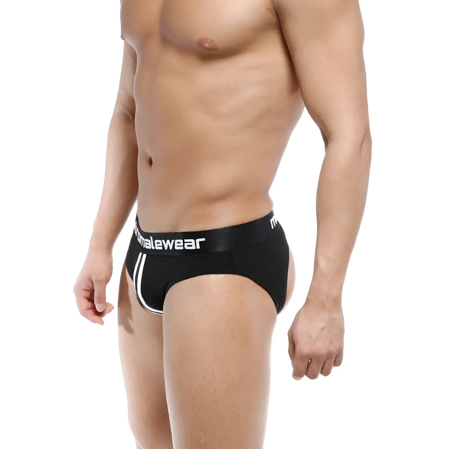 Black men’s briefs with white piping and malewear logo on waistband metro malewear apolo jock strap black 5001-20